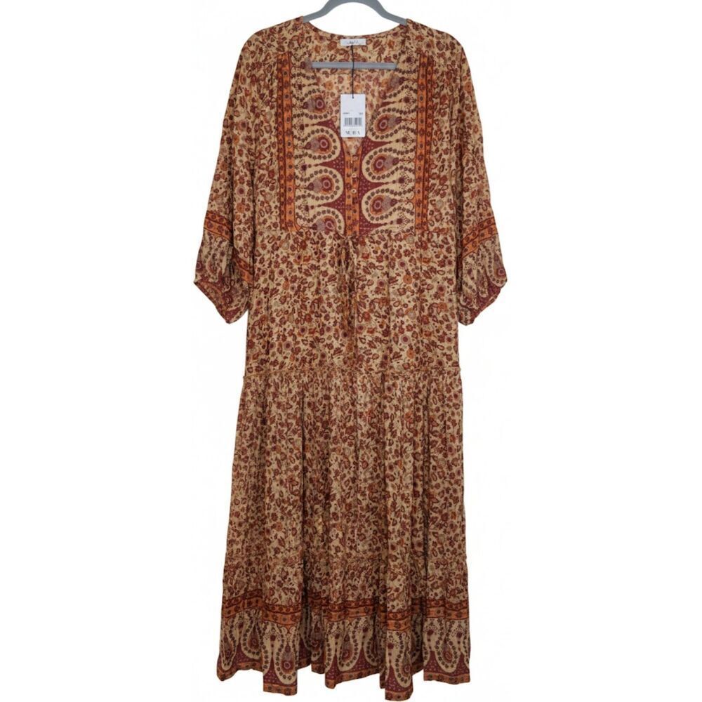 Aura womens large maxi long ankle dress rust earthtone boho tiered whimsigoth